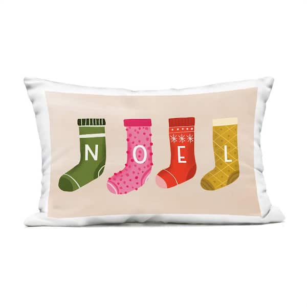 Noel Christmas Stockings Multi-Color Rectangular Outdoor Throw Pillow