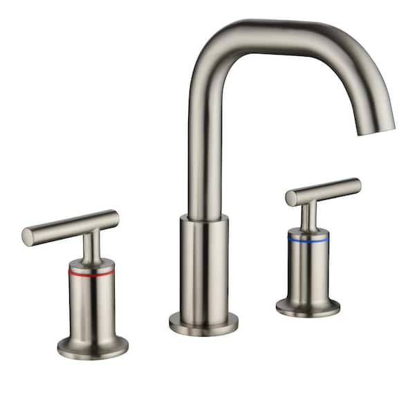 PERLIRIA INC 8 in. Widespread Double Handle High Arc Bathroom Faucet in Brushed Nickel