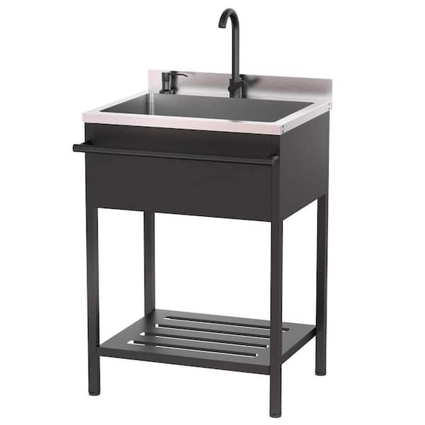25.7 in. Freestanding Stainless Steel Utility Sink Laundry/Utility Sink in Black with Towel Rack and Storage Shelf