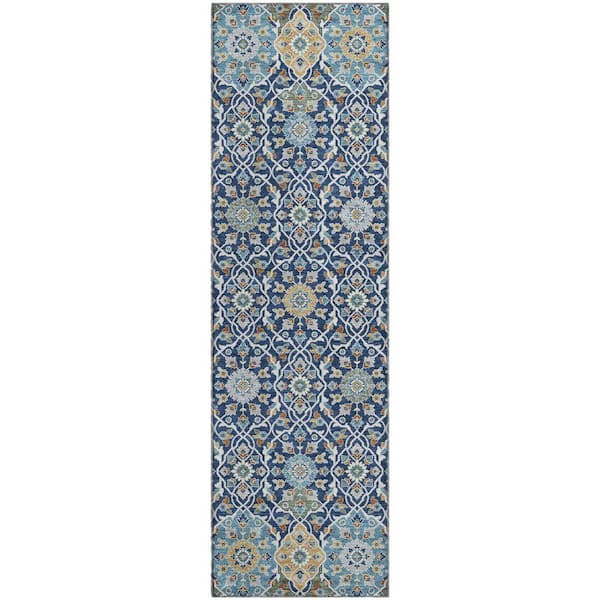 Mayfield Premium Machine Washable Abstract AMF2199 Navy 2 ft. x 7 ft. Runner Rug
