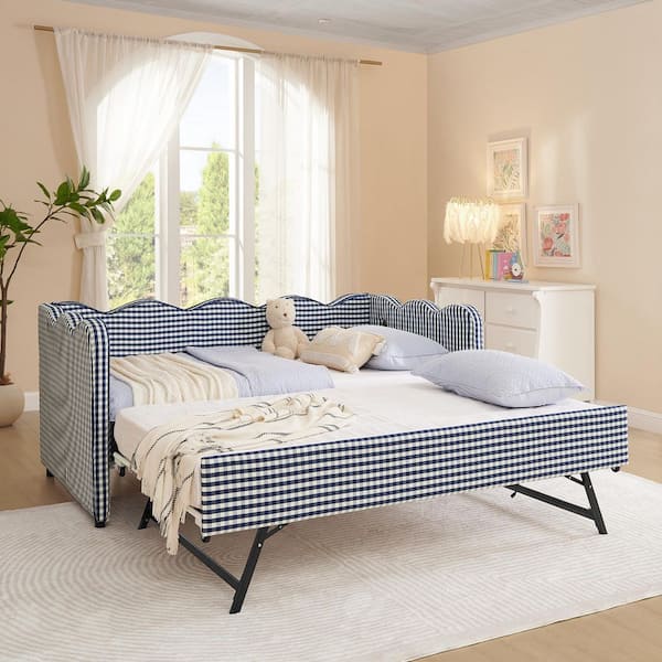 Blue Wood Outdoor Cozy Gingham Day Bed Frame with Twin Size Trundle No Box Spring Needed