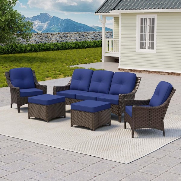 5-Piece Wicker Outdoor Pation Conversation Sofa Set Chaise Lounge with Blue Cushions