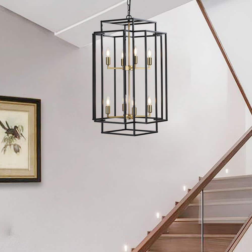 Black and Gold Geometric Metal Cage Chandelier with 8 Lights
