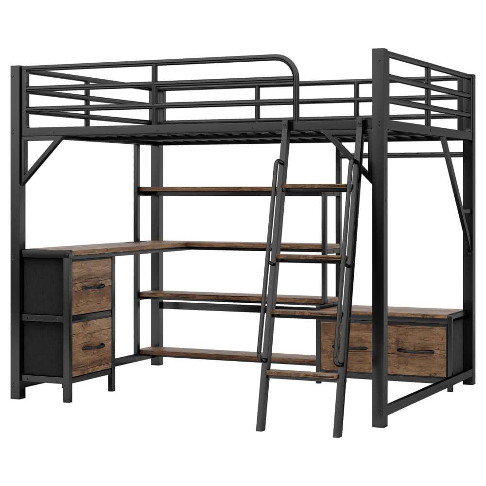 Black Queen Metal Loft Bed with Desk, LED Lights, Storage Shelves, Wardrobe and Drawers durable construction price history on PriceWatchPro