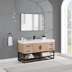 Bianco 60S in. W x 22 in. D x 34 in. H Single Sink Bath Vanity in Light Brown with White Composite Stone Top and Mirror