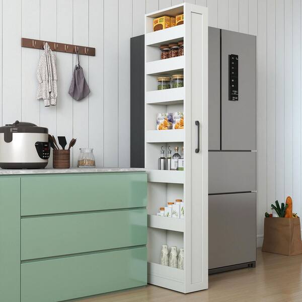 7-Tier White Wood Narrow Kitchen Rolling Cart, Slim Storage Cabinet Next to Fridge with Handle and Spice Rack