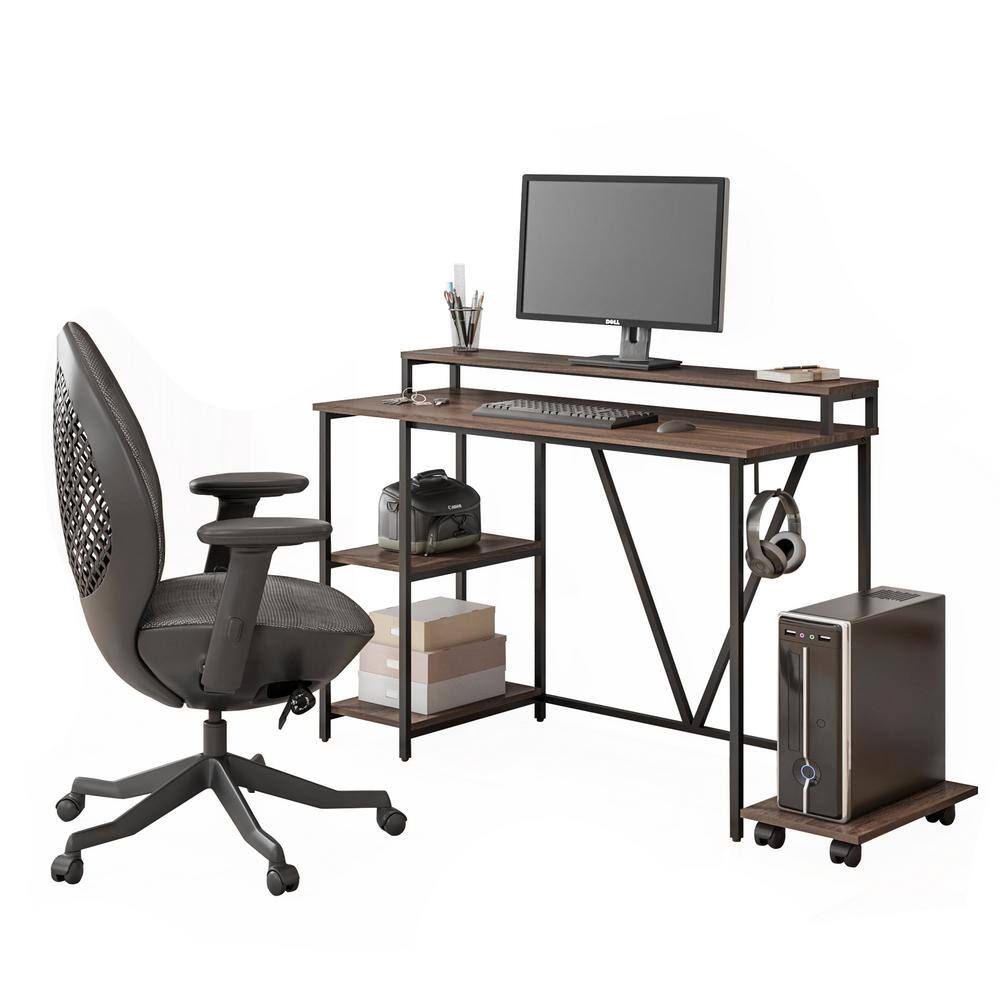 Modern Industrial Walnut Writing Desk with Steel Frame and CPU Caddy