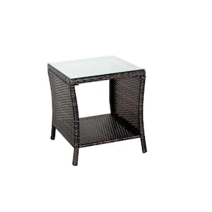 Square Rattan Outdoor Dining Table with Tempered Glass in Brown