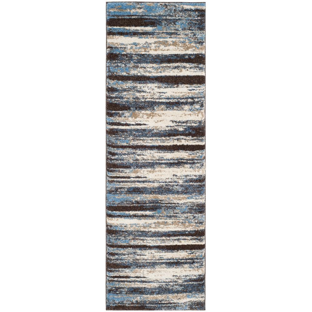 Retro Blue and Cream Abstract Synthetic Runner Rug
