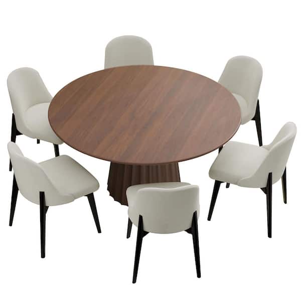 7-Pieces Walnut Round Wooden Top Dining Table Set 6 Seats with Wood Frame, Upholstered White Ergonomic Dining Chair