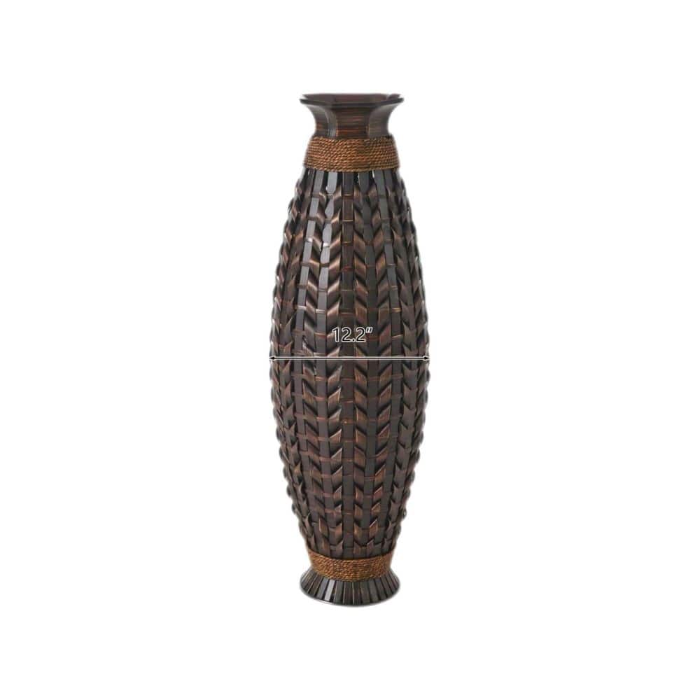 39 in. Acacia Wood Hand-Woven Bamboo Cylinder Floor Vase, for Dried Silk Fl