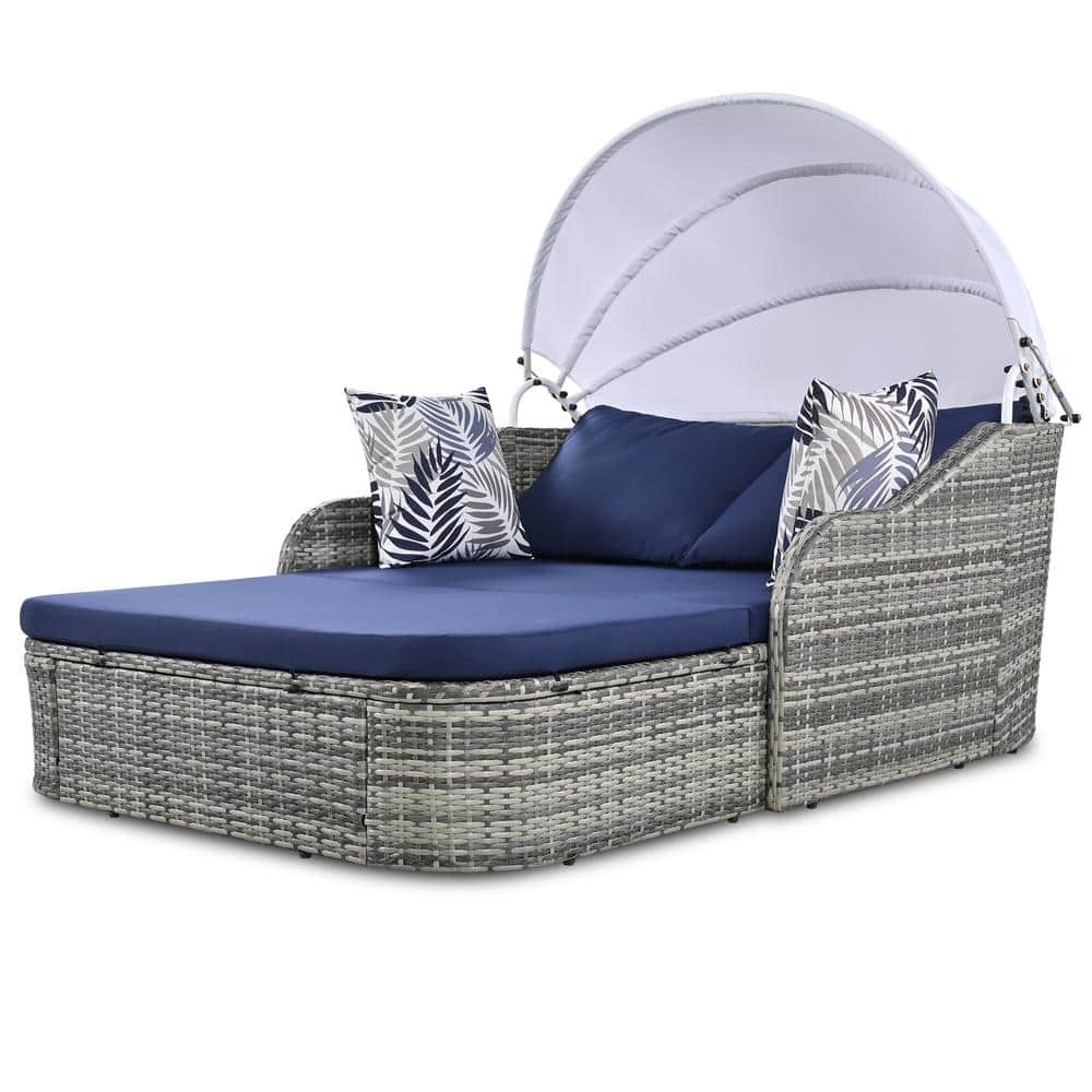 Gray Wicker Outdoor  Day Bed with Pillows, Double lounge and Blue Cushio