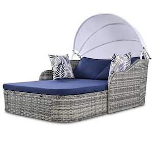 Gray Wicker Outdoor " Day Bed with Pillows, Double lounge and Blue Cushions, Outdoor Sunbed with Adjustable Canopy