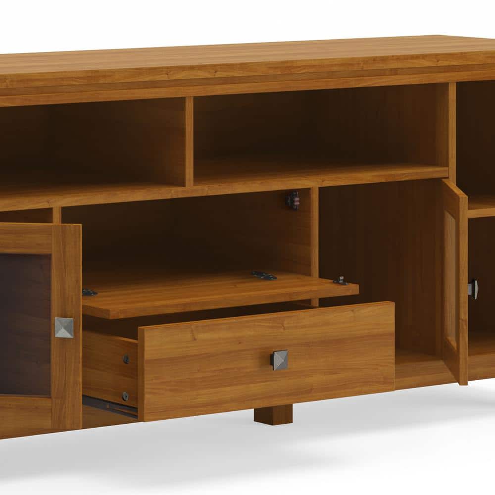 Transitional Solid Pine TV Stand in Light Golden Brown with Storage