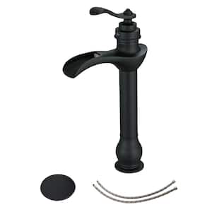 Single Handle Single-Hole Bathroom Waterfall Vessel Sink Faucet with Hot and Cold Holes in Matte Black