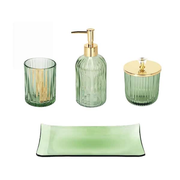 4-Piece Bath Accessory Set in Glass Green, for Bathroom Countertop Organizing and Modern Decor for Home, Apartment