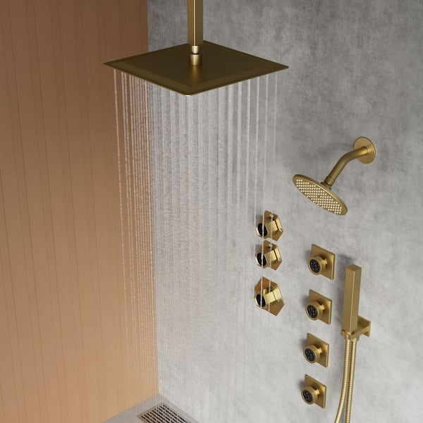Thermostatic 8-Spray 3 Handle 12 and 6 in. Dual Shower Heads Ceiling Mount Fixed and Hand Shower Head in Brushed Gold