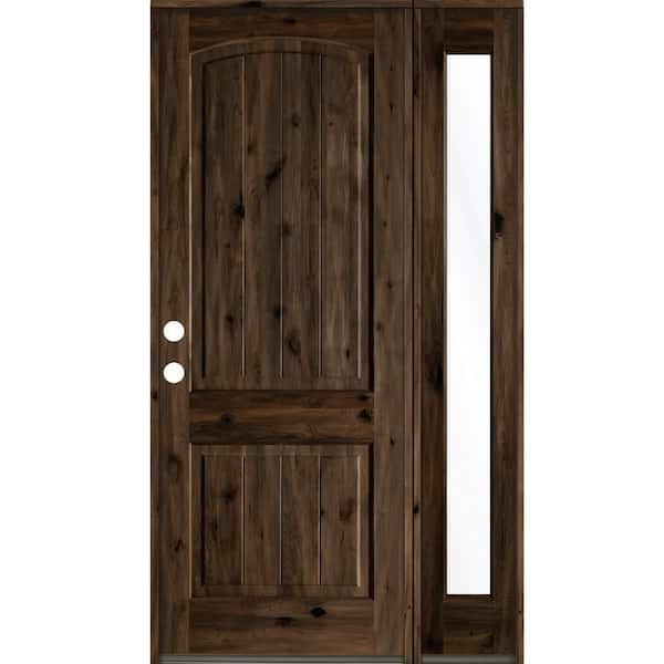 Krosswood Doors 44 in. x 96 in. Rustic knotty alder 2 Panel Right-Hand/Inswing Clear Glass Black Stain Wood Prehung Front Door with RFSL