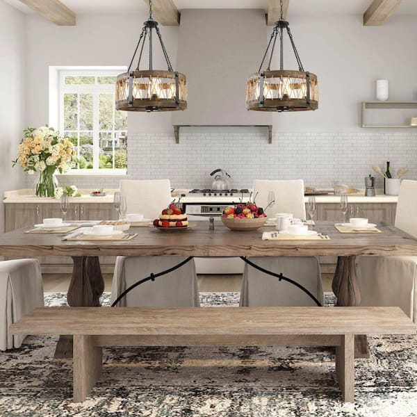 Farmhouse 5-Light Black and Pine Wood Drum Chandelier for Dining Table with No Bulb Included