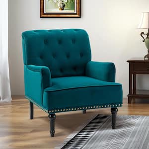 Enrica Teal Tufted Comfy Velvet Armchair with Nailhead Trim and Rubberwood Legs