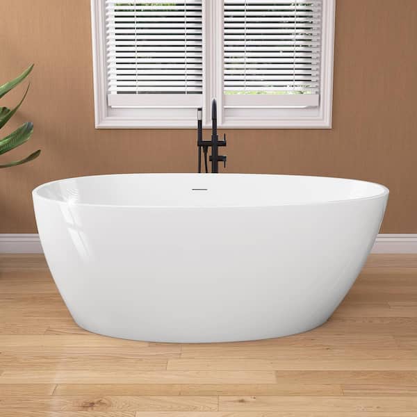 NTQ 59 in. x 29.5 in. Soaking Bath Tub Acrylic Free Standing Alone Double Ended Flatbottom Freestanding Bathtub in White