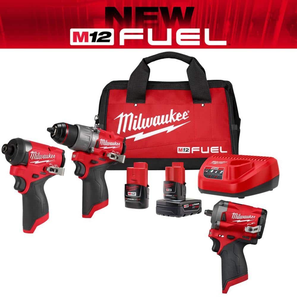 Milwaukee M12 FUEL 12-Volt Lithium-Ion Brushless Cordless Hammer Drill and Impact Driver Combo Kit (2-Tool) with Impact Wrench -  3497-22-2554