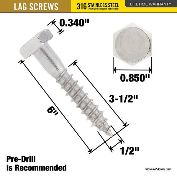 316 Stainless Steel Hex Lag Screws – 1/2-6 Thread, Hex Head, Select Length – AlbanyCountyFasteners.com