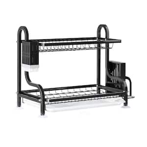 19.2 in. Black Stainless Steel 2-Tier Dish Rack Freestanding Drying Rack Dish Drainers with Drainboard