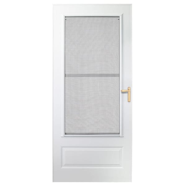 EMCO 300 Series 30 in. x 80 in. White Universal Triple-Track Storm Door with Brass Hardware