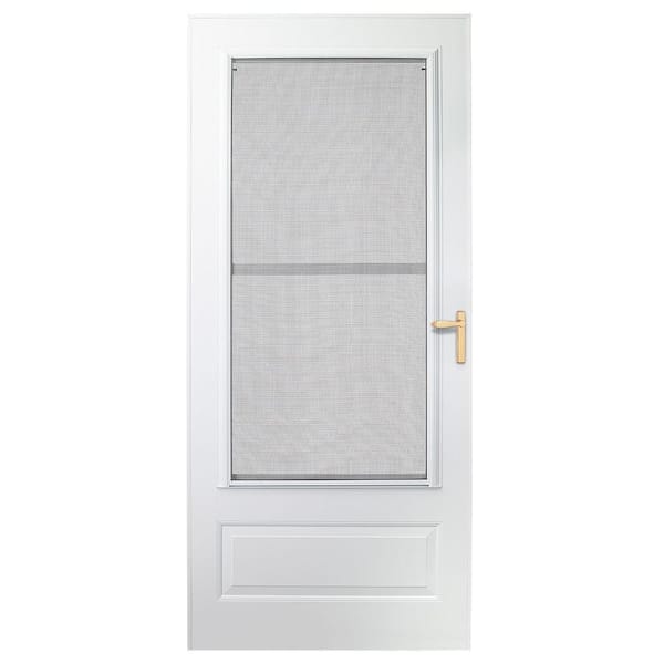 EMCO 300 Series 32 in. x 80 in. White Universal Triple-Track Storm Door with Brass Hardware