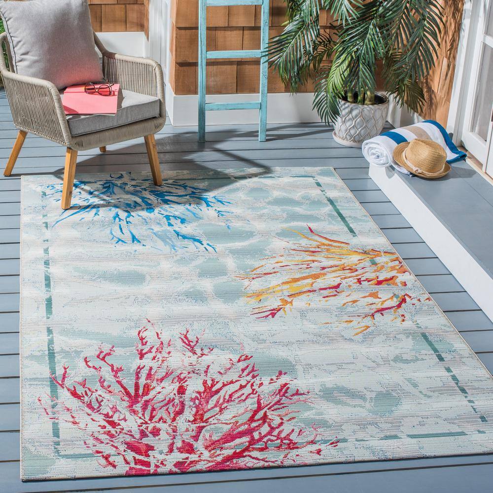 Teal and White Tropical Coral Design Synthetic 4' x 6' Area Rug