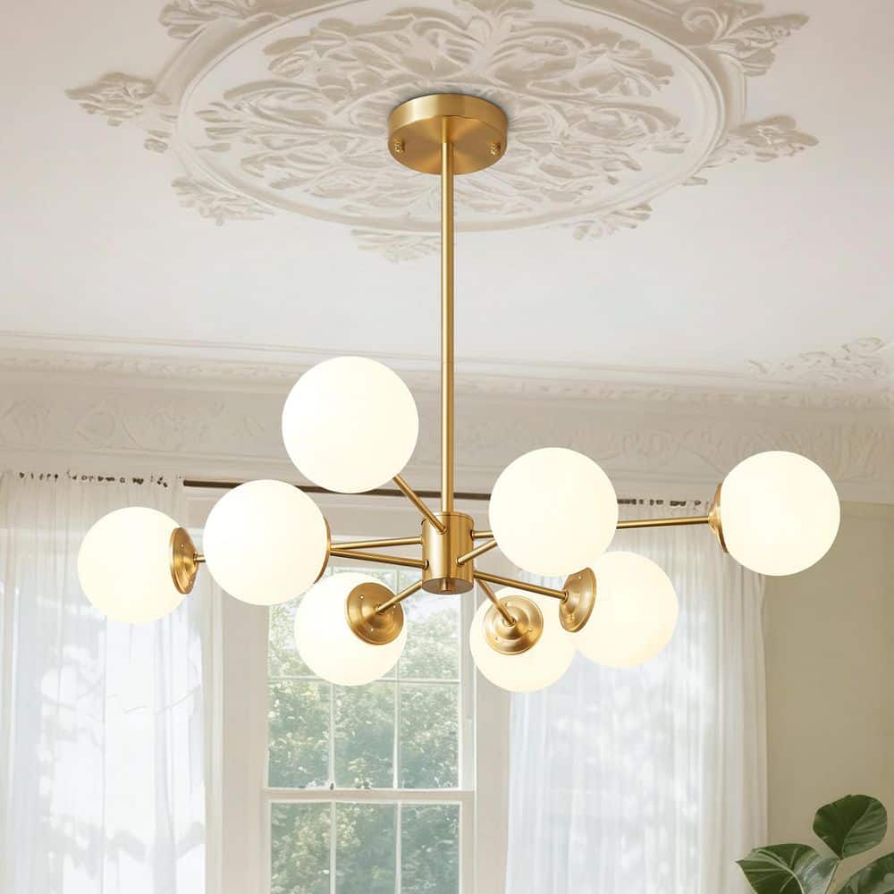 HUOKU Ceder 8-Light 35.4 in. W Pure Brass Chandelier Mid-Century