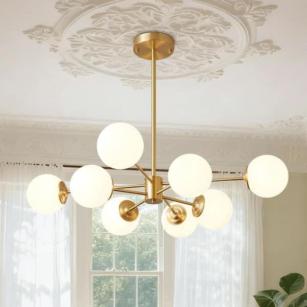 Ceder 8-Light 35.4 in. W Pure Brass Chandelier Mid-Century Sputnik Dining Room Chandelier with Frosted Opal Glass Globe