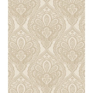 Emporium Collection Light Gold Mehndi Damask Embossed Metallic Finish Paper Non-Pasted Non-Woven Wallpaper Roll