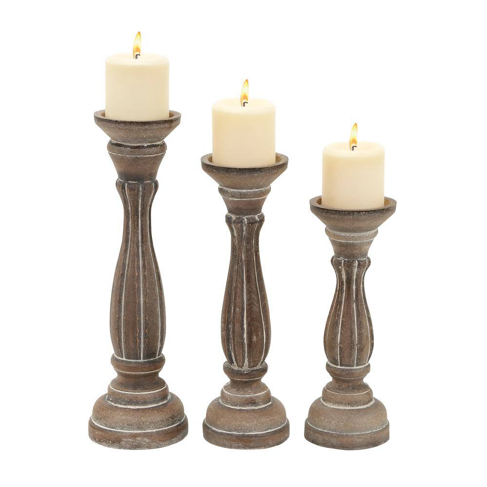 Rustic Brown Wood Ridge Embellished Candle Holder Set