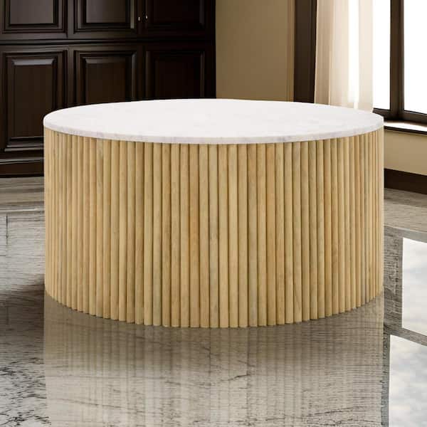 Benjara Cid Jolie 31.5 in. White and Brown Round Wood Coffee Table with Compact Design For Versatile Placement