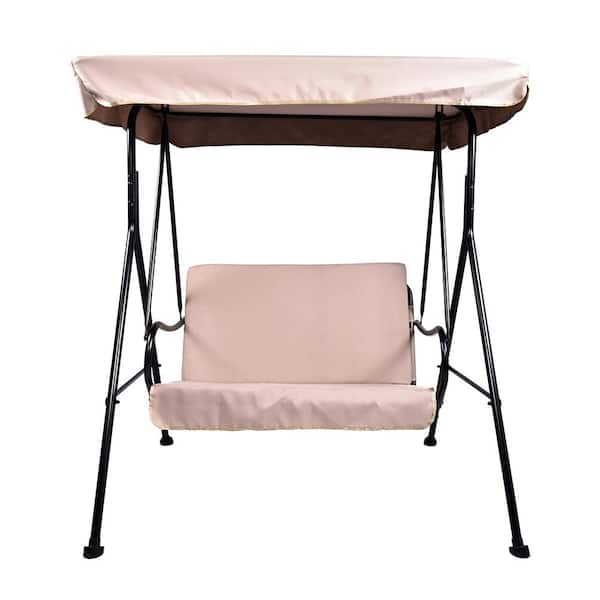 Siavonce 2 Seat Beige Metal Patio Swing Outdoor Chair with Removable Cushion and Convertible Canopy for Porch Lawn