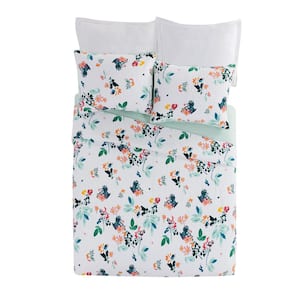 Bramble Floral 3-Pcs Green Cotton King Quilt-Sham Set