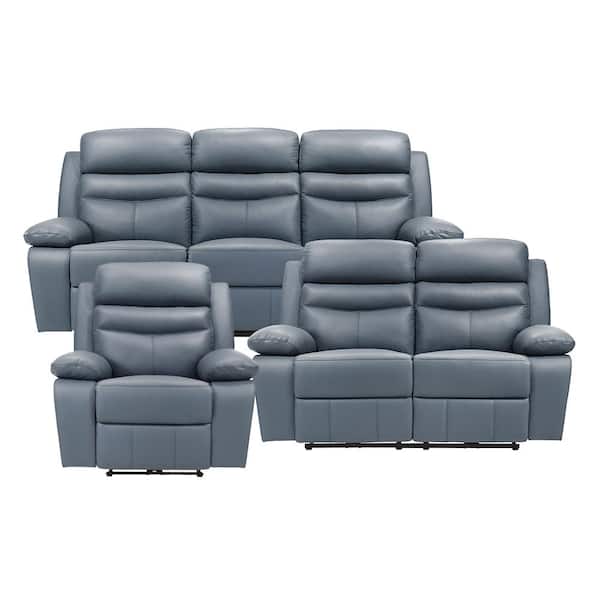 Lazzara Edelia 86.5 in. W. Pillow Top Arm Leather Rectangle 3-Piece Power Reclining Sofa Set in Blue