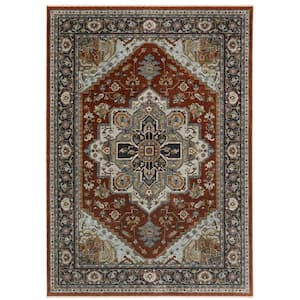 Ambrose Red/Blue 10 ft. x 13 ft. Traditional Oriental Medallion Polyester Fringe Edge Indoor Area Rug