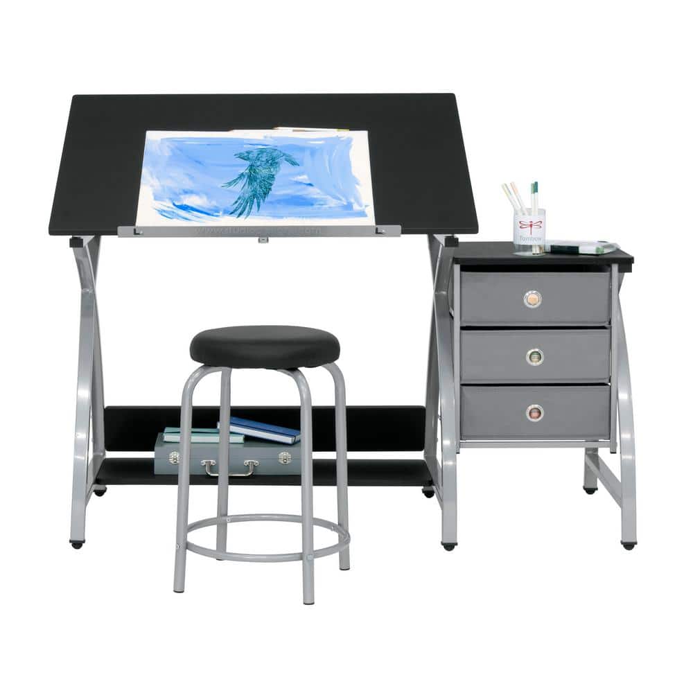 Comet Art & Craft Workstation with Storage and Padded Stool, Silver & Black