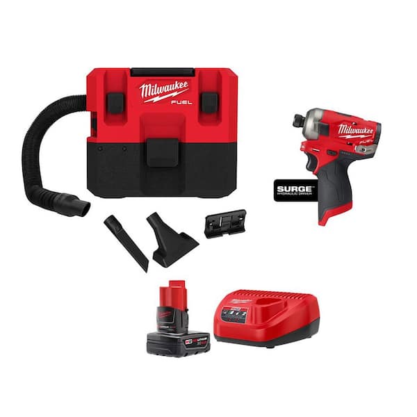 Milwaukee M12 FUEL 12-Volt Lithium-Ion Cordless 1.6 Gal. Wet/Dry Vacuum and  SURGE Impact Driver with 4.0 Ah Battery and Charger  0960-20-48-59-2440-2551-20 The Home Depot