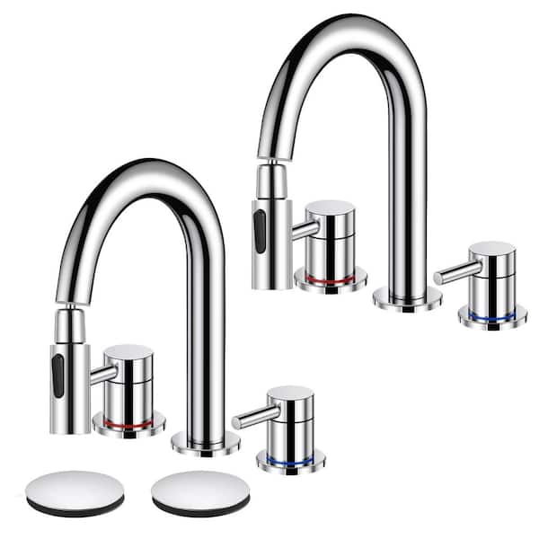 Double Handles 8 in. Widespread Bathroom Sink Faucet 3-Hole with Pull Out Sprayer Pop-Up Drain in Polish Chrome(2 Pack)