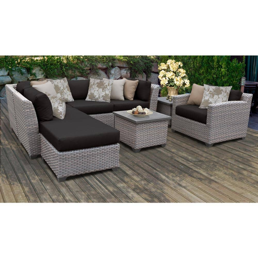 TK CLASSICS Florence 8-Piece Outdoor Wicker Patio Conversation Set with Black Cushions