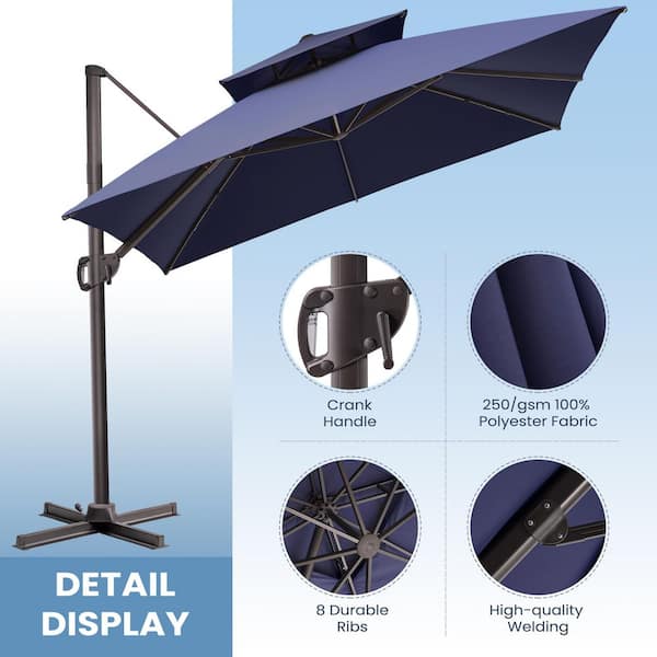 9.5 ft. x 9.5 ft. 360 ° Rotation Rectangular Cantilever Patio Umbrella in Navy Blue with 220 lbs. Base Stand