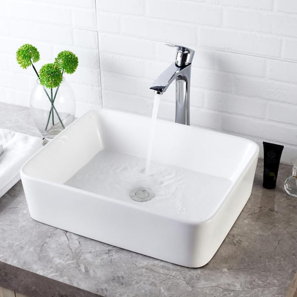 LORDEAR 19 in. x 15 in. White Ceramic Rectangular Vessel Sink with Faucet in Brushed Nickel