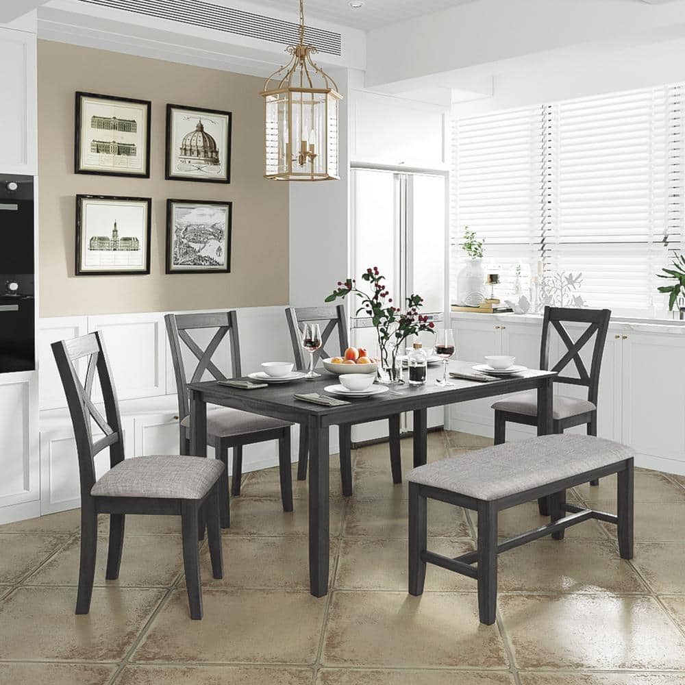 6-Piece Gray Kitchen Dining Table Set Wooden Top Rectangular Dining Table, 4 Dining Chairs and Bench price history on PriceWatchPro
