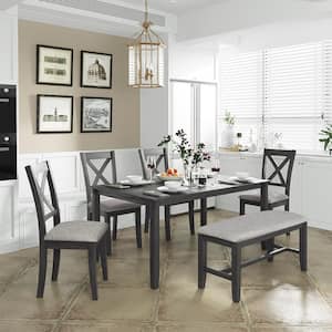 6-Piece Gray Kitchen Dining Table Set Wooden Top Rectangular Dining Table, 4 Dining Chairs and Bench