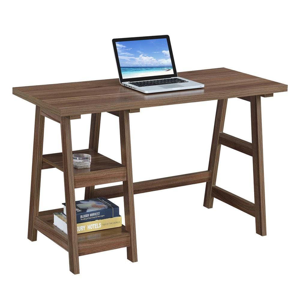 Cappuccino Wood Trestle Desk with Shelves, 47"