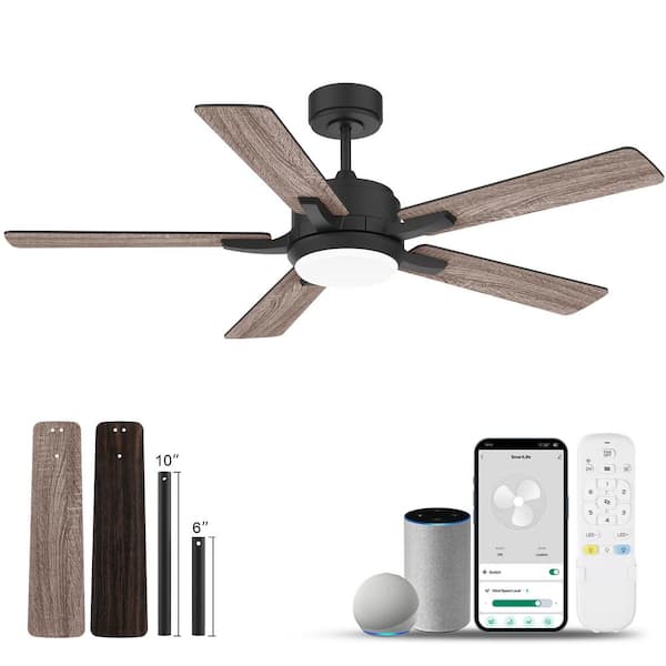 52 in. Smart Black Standard Downrod Ceiling Fan LED Light, Remote/Voice Control, Quiet Reversible Motor, Indoor/Outdoor